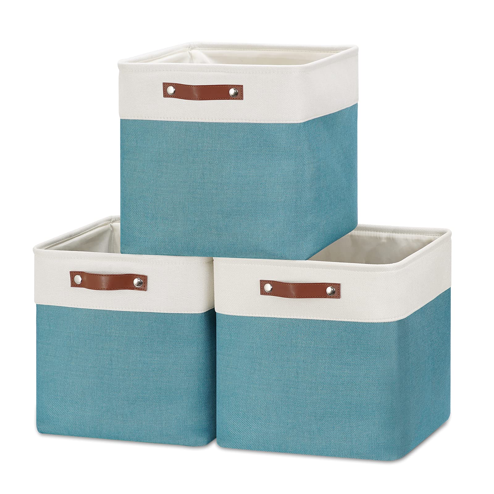 Hnzige Cube Storage Baskets For Shelves Foldable Storage Cubes Baskets(3 Pack) Cube Storage Bin,13 Inch Storage Basket For Organizing With Leather Handles For Toys, Clothes, Kids , Closet (White&Teal)
